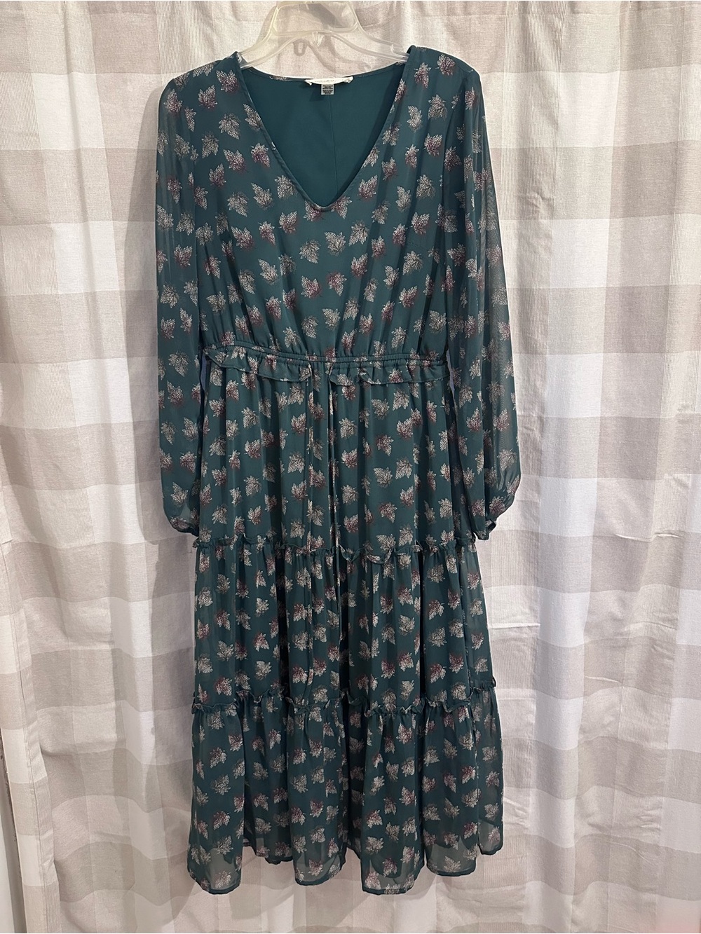 Green Floral Leaves Tiered Long Sleeve Dress with Tie Waist